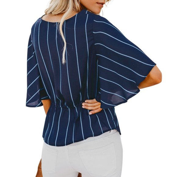 Blue Twist Front V Neck Blouse - Picture 3 of 3